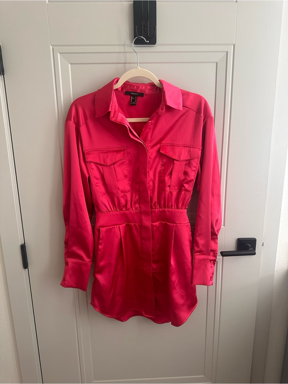 Forever 21 Satin Button-Up Shirt Dress - Hot Pink